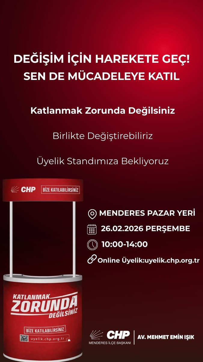 DEĞİŞİM İÇİN HAREKETE GEÇ!
Sen de mücadeleye katıl!

Katlanmak zorunda değilsiniz.
Birlikte değiştirebiliriz.

📍 Menderes Pazar Yeri
🗓 26 Şubat Perşembe
⏰ 10.00 – 14.00

Üyelik standımıza bekliyoruz.
Gelin, dayanışmayı büyütelim, umudu çoğaltalım.