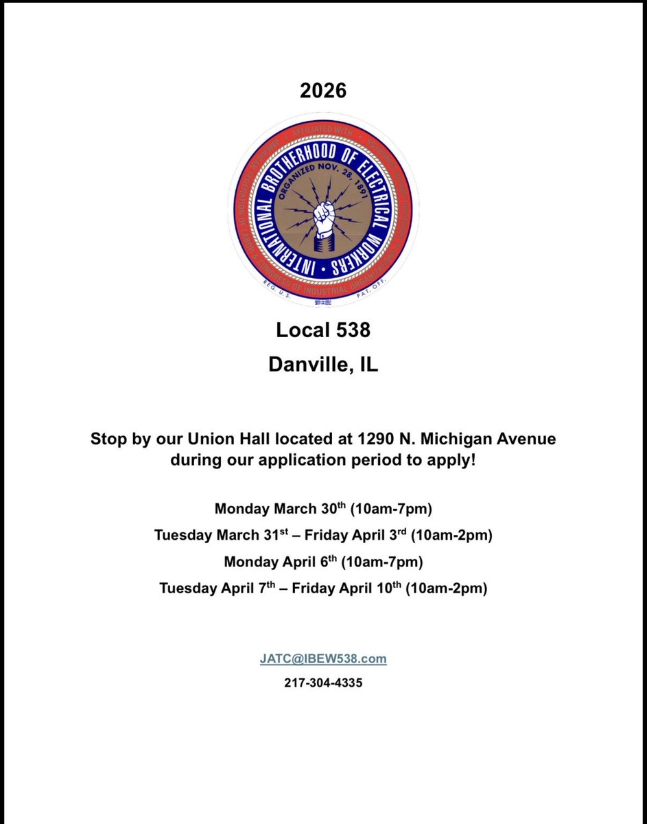 ILNECA's tweet photo. Are you interested in building a career in the electrical industry or know someone who wants to? The Danville Division of the Illinois Chapter NECA and IBEW Local 538’s Joint Apprenticeship Program will be accepting applications soon! #WeAreNECA #Apprenticeship https://t.co/cLHBkQACkE