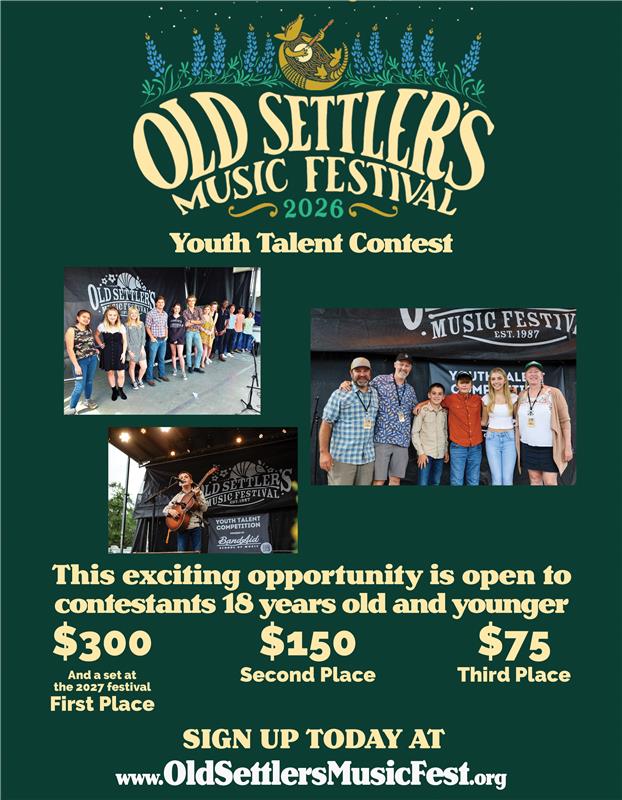 There’s still time to apply for the 2026 Youth Talent Competition at Old Settler's Music Festival — but the deadline is fast approaching. As part of its mission as a 501(c)(3) nonprofit organization, Old Settler’s created the Youth Talent Competition to give young musicians the