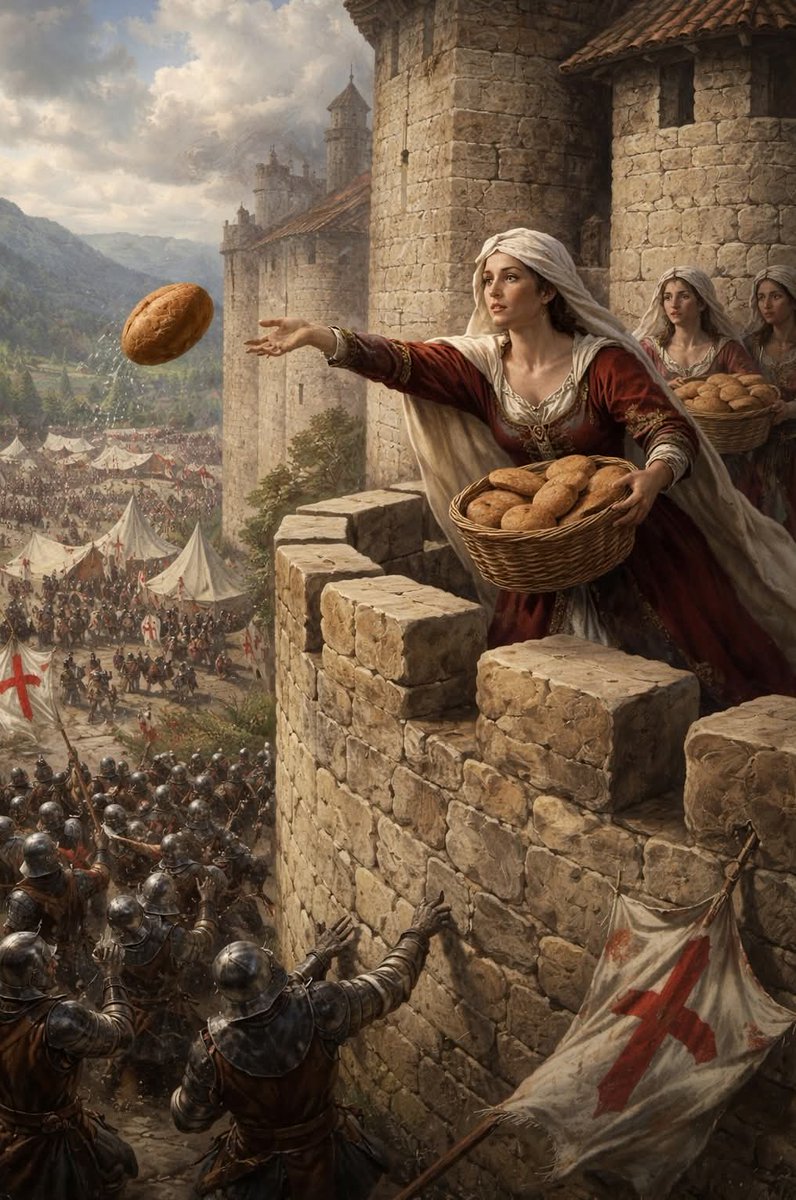 archeohistories's tweet photo. In 1369, during the Fernandine Wars between Portugal and Castile, the small border town of Monção was surrounded by a vastly superior Castilian force. Inside the Portuguese fortress, supplies were running low, morale was collapsing, and everyone understood the truth: they wouldn’t survive a long siege.

That’s when Deu-la-Deu Martins, the captain’s wife, effectively took command—and refused to surrender.

She knew brute force wouldn’t save them. So she chose something else: a bluff so bold it had to work. She ordered the last of the flour baked into fresh loaves, carried them up to the battlements, and threw them down to the besiegers. According to the story, she mocked them as she did it, as if the town had so much food it could afford to waste it.

The message was unmistakable: We’re not breaking. We can outlast you.

The Castilians took the bait. Convinced Monção was still well supplied, they dreaded a long, costly siege—and withdrew. The defenders survived not because they had more, but because they had the nerve to make the enemy believe they did.

That daring trick became one of Portugal’s best-known wartime legends: wit against overwhelming power. To this day, it shapes the town’s identity. Deu-la-Deu Martins is remembered as a folk heroine—her name lives on in streets and monuments, and even in Monção’s coat of arms, where she’s depicted holding a loaf of bread.

#archaeohistories