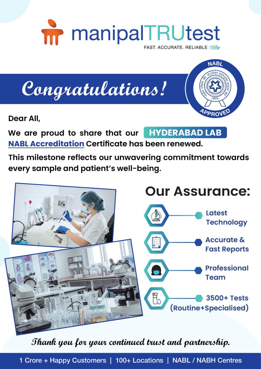 manipalTRUtest's tweet photo. Happy to share that our #Hyderabad Lab’s #NABLAccreditation has been renewed — a testament to our continuous focus on quality standards &amp; patient-centric excellence.

📍 https://t.co/UcLDoUa1rI

#NABLAccredited #QualityAssurance #HealthcareExcellence #LaboratoryStandards https://t.co/QIYK0jnQWe