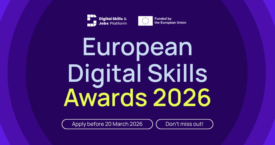 DigitalSkillsES's tweet photo. 🚀 Abierta la convocatoria 2026 de los European Digital Skills Awards (EDSA).

¿Impulsas las competencias digitales en Europa?
Postula antes del 20 de marzo de 2026.
🔗 https://t.co/3NeXmZcyuw

#EDSA2026 #DigitalSkills https://t.co/sl4LFkzoUU