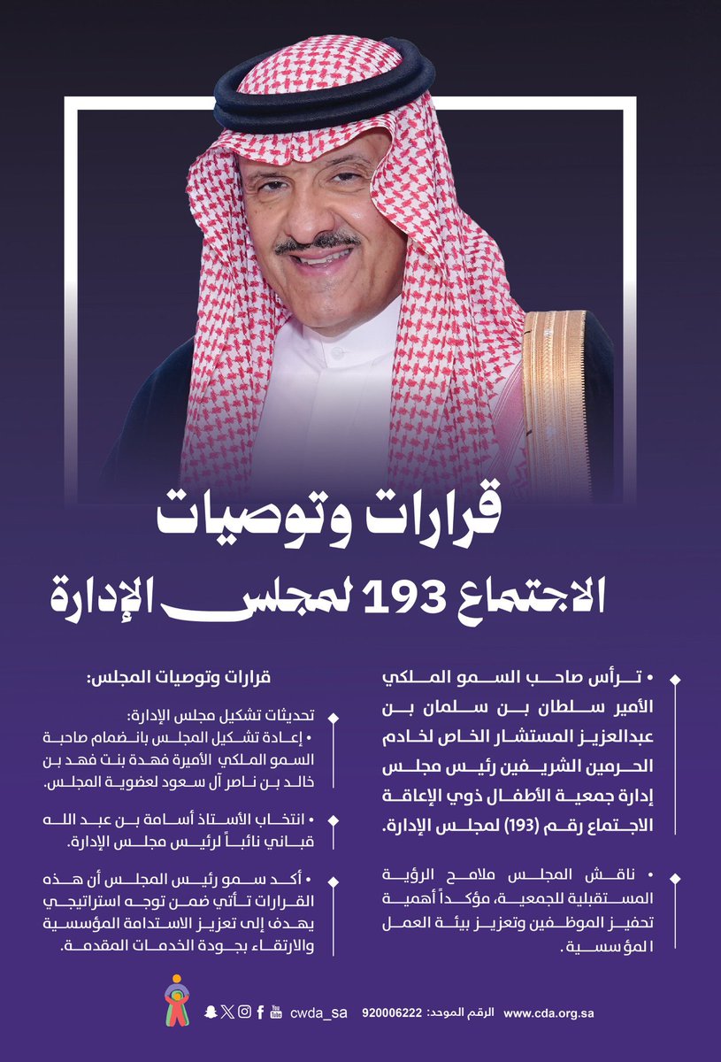 Fahdafahadk's tweet photo. أتقدم بخالص الشكر  لصاحب السمو الملكي الأمير سلطان بن سلمان بن عبدالعزيز آل سعود  رئيس مجلس ادارة @CWDA_SA  على ثقته الكريمة ودعمه المستمر.

إن هذه الثقة الغالية تمثل وسام ف��ر ومسؤولية كبيرة نعتز بها، ونسأل الله أن يوفقنا لمواصلة مسيرة العطاء، وتعزيز خدمات الجمعية بما يحقق تطلعاتها ويخدم أبناءنا من الأطفال ذوي الإعاقة وأسرهم.
