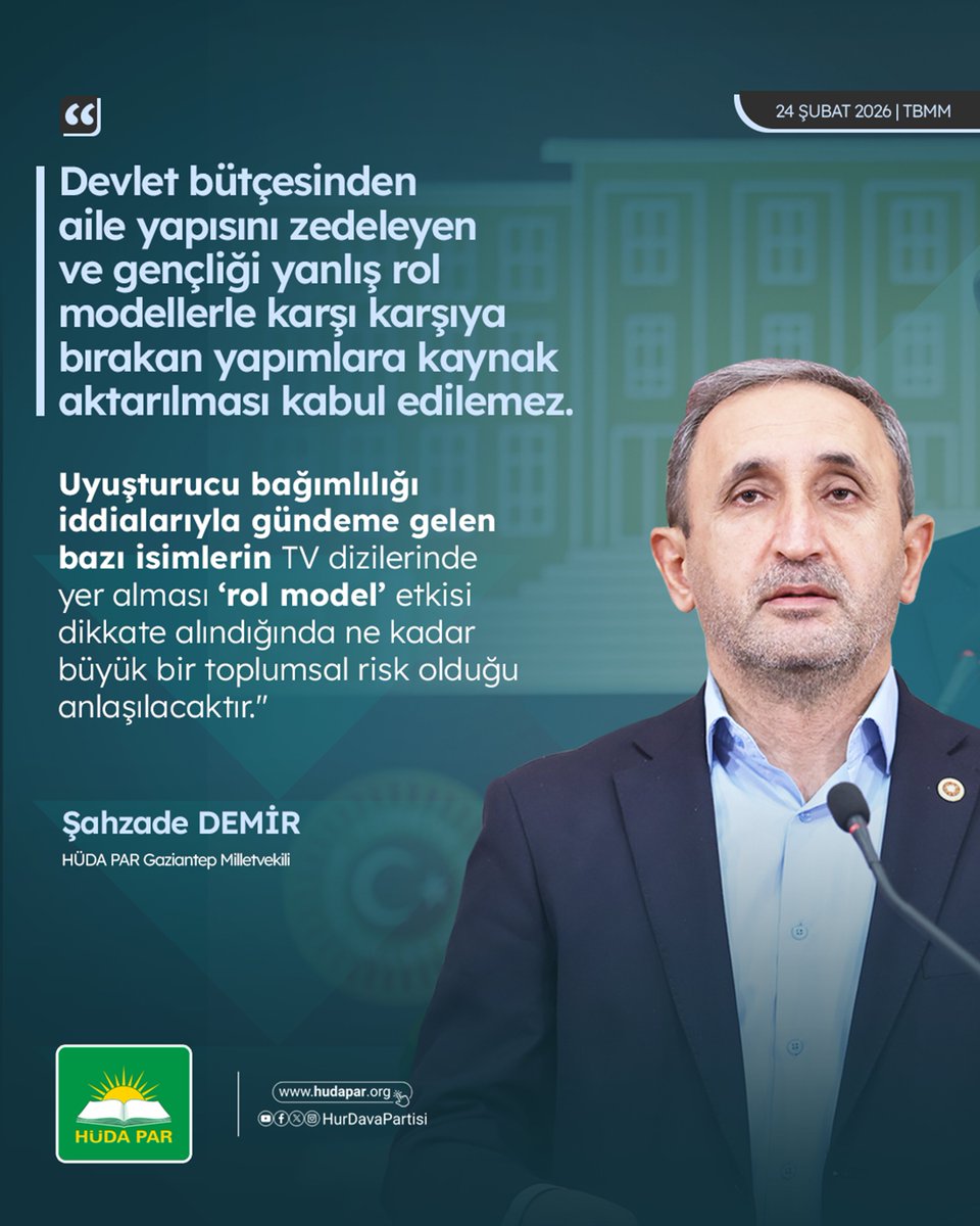 "Uyuşturucu bağımlılığı iddialarıyla gündeme gelen bazı isimlerin TV dizilerinde yer alması ‘rol model’ etkisi dikkate alındığında ne kadar büyük bir toplumsal risk olduğu anlaşılacaktır."

Şahzade Demir | Gaziantep Milletvekilimiz