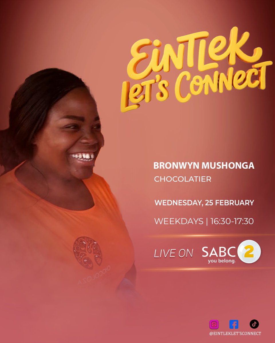 SABC_2's tweet image. #EintlekLetsConnect at 16:30 for yet another insightful conversations and laughter.

Guests: Abas Alhassen, Brownyn Mushonga, Dr Judey Pretorius.

#SABC2 #LiveInEveryBeat