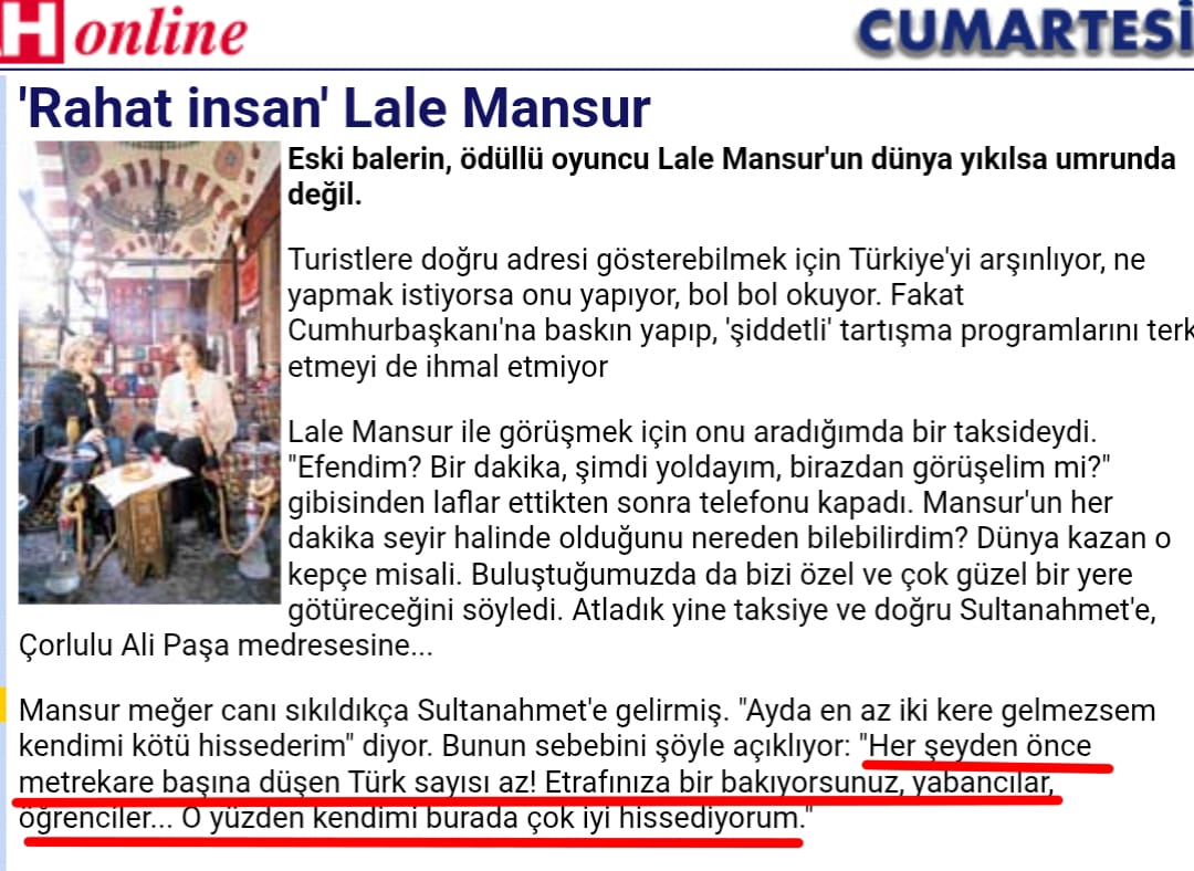 "Bir yerde Türk ne kadar az ise kendimi o kadar iyi hissederim" demiș "sanatçı" Lale Mansur!

Sabah - Cumartesi Eki, 10 Şubat 2001.