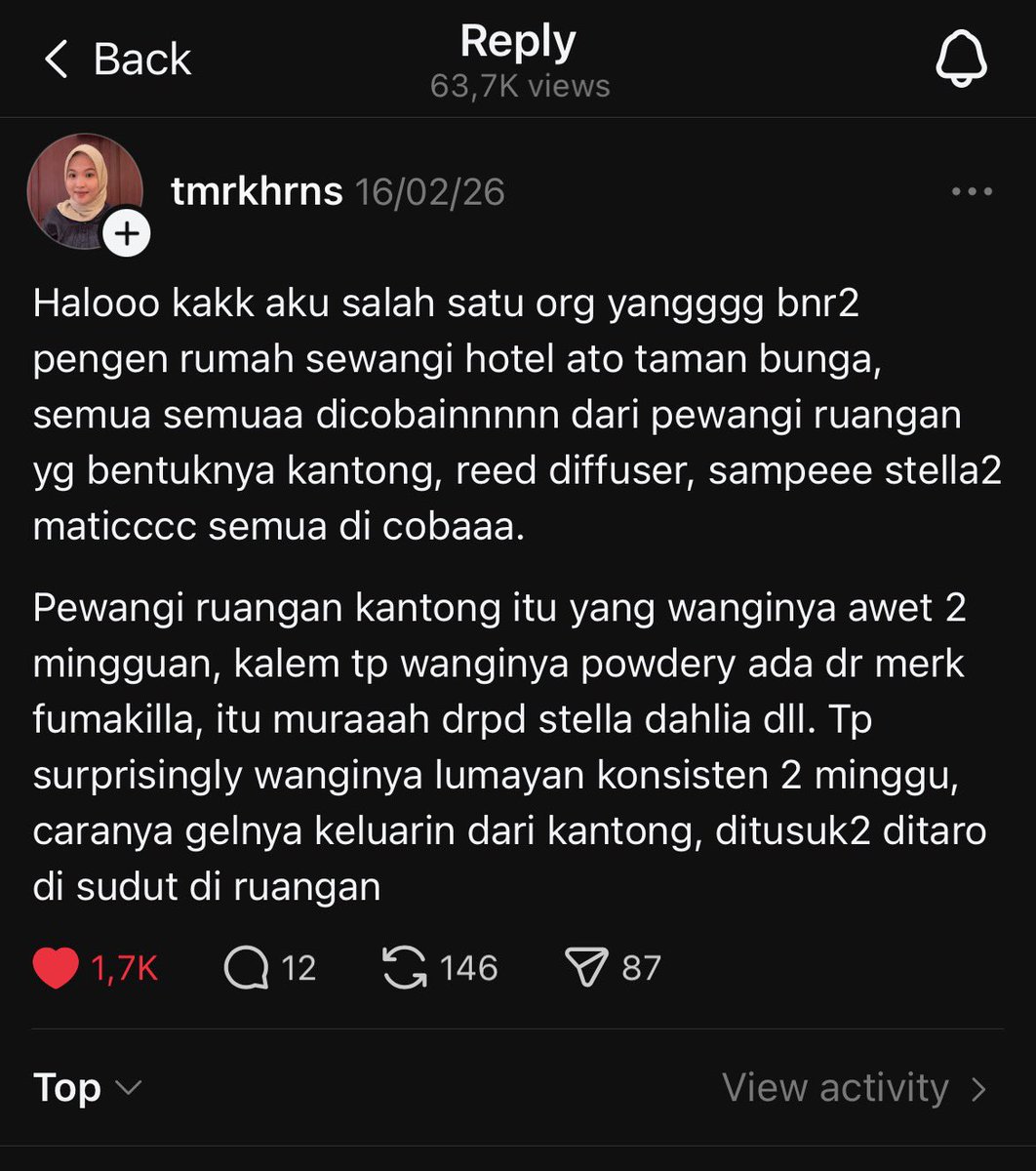 Thanks mbak app sebelah yg udah ngasih tau tips ini, beneran WORKS BANGET😭
Kamar tidur dan toiletku beneran wangi semerbak.
Yg mau lebaran open house, cobain hacks ini biar rumahmu wangi semerbak👇👇