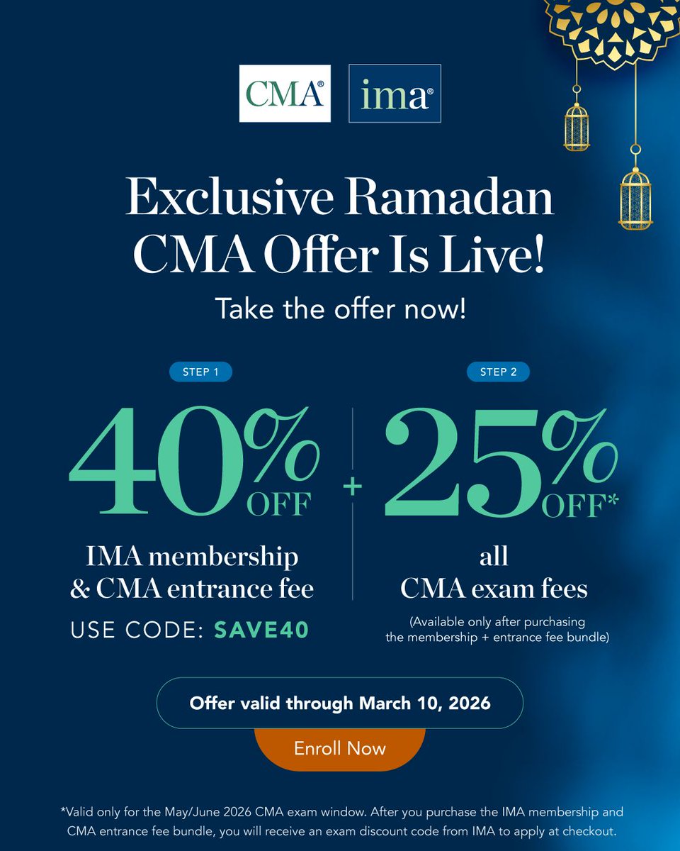 🚨 The Ramadan CMA Offer is LIVE!

The May/June 2026 window is your final chance to take the CMA exam in the essay format before the shift to case-based questions.

⏳ Offer ends March 10, 2026
🔗 Enroll now: lnkd.in/gfNGAWDh

#CMA #Ramadan #IMAcommunity #promo2026