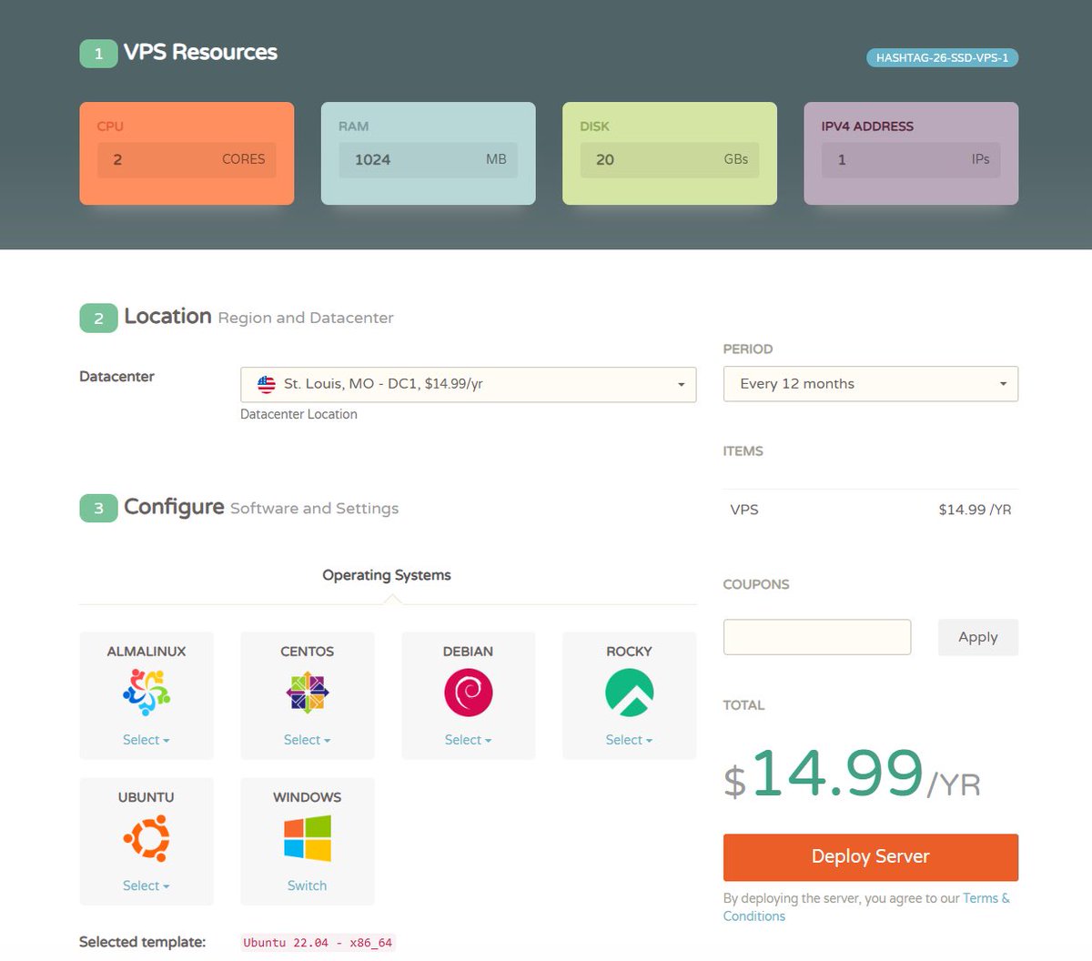 ✅ 超香自托管OpenClaw神器来了！一年才100块，安全又能干活的私人AI助理
兄弟们，我直接被这台CloudCone VPS香到了！
配置一目了然（截图就是我下单的）：
•  2核 CPU
•  1GB 内存
•  20GB SSD
•  美国 St. Louis 机房（DC1，IP干净稳定）
•  Ubuntu 22.04 一键部署
•  年付只要