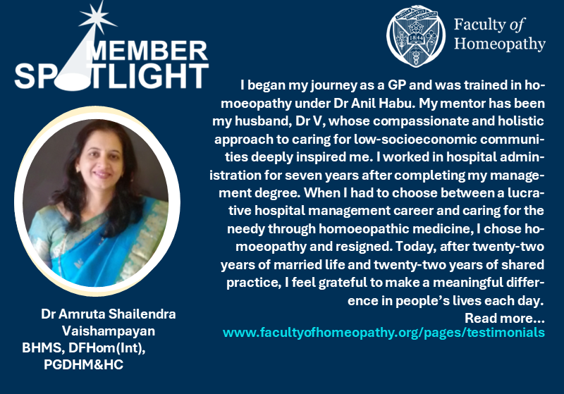 fohhomeopathy's tweet image. Our latest Member in the Spotlight, Dr Amruta Shailendra Vaishampayan, had to choose between a lucrative hospital management career and homeopathy. Read more: facultyofhomeopathy.org/pages/testimon… #homeopathy #homeopathyworks #choosehomeopathy