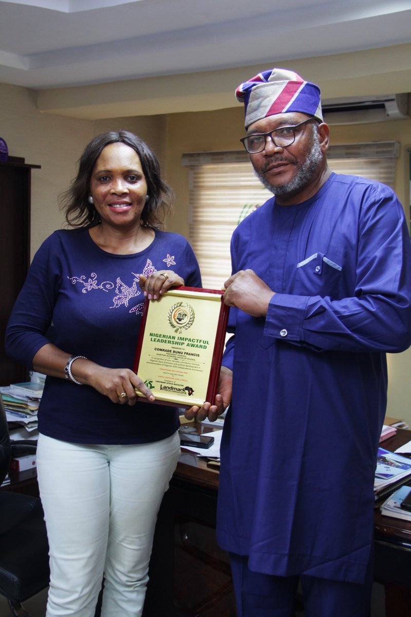 OfficialMWUN's tweet photo. PRESS RELEASE:

COMRADE BUNU, PG MWUN, BAGS PRESTIGIOUS AWARD FROM LANDMARK

The President -General of Maritime Workers' Union of Nigeria (MWUN), Comrade Francis Bunu Abi, has bagged a prestigious award in recognition of his valuable contribution towards Nigeria's Socio-Economic and political development in commemoration of Nigeria's 65th Independent Anniversary from Landmark Africa Media Magazine.

According to the Management of Noble Landmark Africa Media Magazine from whom this noble Award was made possible, describes the President -General of Maritime Workers' Union, Comrade Bunu as one of the foremost Labour leaders in the country, whose achievements in the labour industry in this shortest period of time cannot be overemphasized; describing his impactful leadership within the few period of his leadership in the Union as one that has brought so much innovation, clarity of purpose, with distinct leadership to the Maritime sector and beyond with exceptional leadership acumen in the country, ditto the entire labour industry.

Comrade Bunu is also known for his practical demonstration for labour activism right from his early days as a junior ranked Comrade in the Maritime Workers' Union of Nigeria and has continually demonstrated that Trade Unionism spirit with practical effects is not by mere vain spoken words or sweet oratory sounds; hence, the "Impactful Leadership Award" was so presented to the fierce Labour Activist, Comrade Francis Bunu Abi as deserved.

The Maritime Publishing outfit cited Comrade Bunu's huge achievements so far in the maritime sector as wonderful, given the short period he just assumed the office of the Maritime Workers' Union President -General, noting that it was a tall feat of progress for humanity and the industry.

The President -General who was unavoidably absent during the presentation of the Award, thanked the management team of Noble Landmark Africa Media for their insight in the maritime industry and by finding him worthy enough for this prestigious award was an honour indeed merited.

The PG of MWUN gave his words through the Secretary -General of the Union, Comrade Oniha Erazua during the presentation of the plaque which was bestowed on the versatile labour icon over his industrial achievements so far.

The management of the Union also thanked the Publishers for standing on the basic truth always and urged them to keep up the good work.

Comrade John Kennedy Ikemefuna, Head of Media, MWUN
