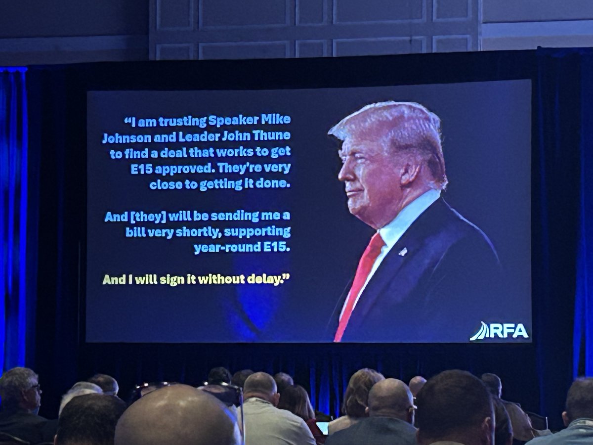 JarrettRenshaw's tweet photo. The ⁦@EthanolRFA⁩ conference kicked off this morning with a reminder that ⁦@POTUS⁩ supports E15 and blaming congress for the lack of action. Worth noting that the WH didn't put any pressure on lawmakers to pass E15 legislation earlier this year. https://t.co/3SsmKxOl49