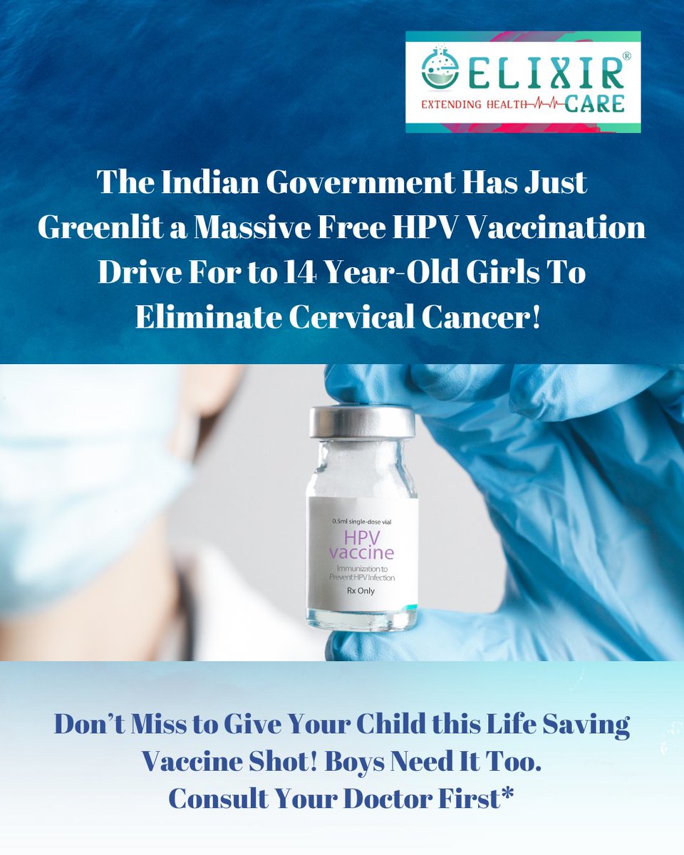 ExtendingHealth's tweet photo. Big Public Health Move!

The Government of India has approved a 90-day nationwide health drive to provide FREE HPV vaccines to 14-year-old girls across the country — a major step toward preventing cervical cancer and protecting the next generation. 💉💙

#ExtendingHealth #HPVvaccination #ElixirCare