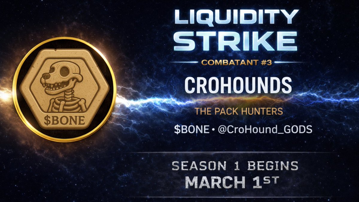 🦴 COMBATANT #3: <a href="/CroHound_GODS/">CroHounds | $BONE</a>

$BONE enters the arena.

The hounds have been unleashed.

CroHounds don’t play nice. They bite first and never ask questions. Now they’re bringing their pack mentality to Liquidity Strike.

One thing about hounds: they don’t let go once they lock