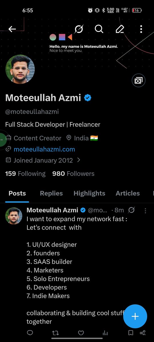 moteeullahazmi's tweet image. 980 followers.

I joined Twitter in 2012.

No viral threads.
No fake giveaways.
No engagement pods.

Just consistency.

Took me years to understand:
Clout is rented.
Reputation is built.

Road to 1,000.

Let’s make it real. 🚀
#BuildInPublic #IndieHacker #FullStackDeveloper