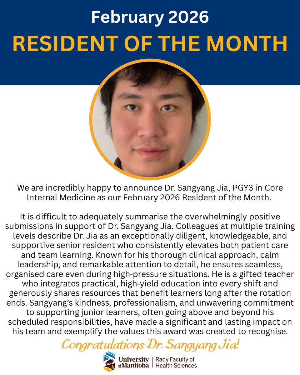 UofMPGME's tweet image. Congratulations to Dr. Sangyang Jia, the winner of the Resident of the Month Award for February! 🥼🩺🏆

Nominate a resident-physician today: bit.ly/4kigW2B

#UManitoba #PGME #ResidentoftheMonth #MedEd #ROM #PGMEawards