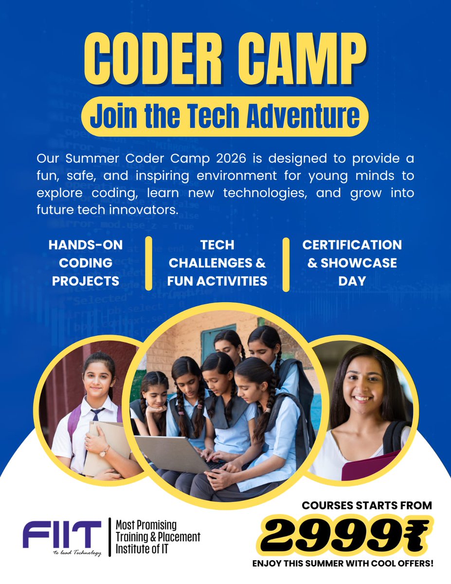 Fiit_Tvm's tweet photo. 🚀 CODER CAMP 2026 🚀
🌟 Join the Tech Adventure This Summer! 🌟
Give your child a head start in technology with our fun-filled Summer Coder Camp designed to inspire young minds 💡💻
#CoderCamp2026 #SummerCoderCamp #KidsCoding #LearnToCode
#TechAdventure #FutureCoders https://t.co/nAKK63lF9p