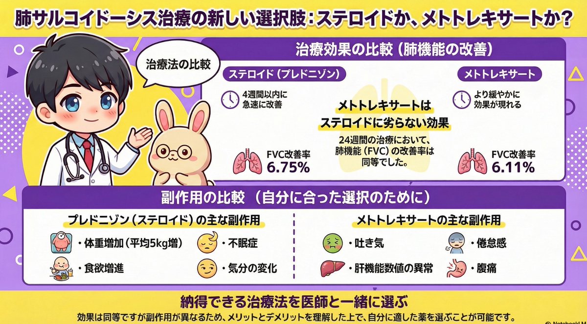 🔴【肺サルコイドーシスの初回治療：プレドニゾン vs メトトレキサート】 標準治療とされてきたステロイドに代わる、新たな選択肢の可能性を示すNEJM論文をご紹介します。

🔴背景