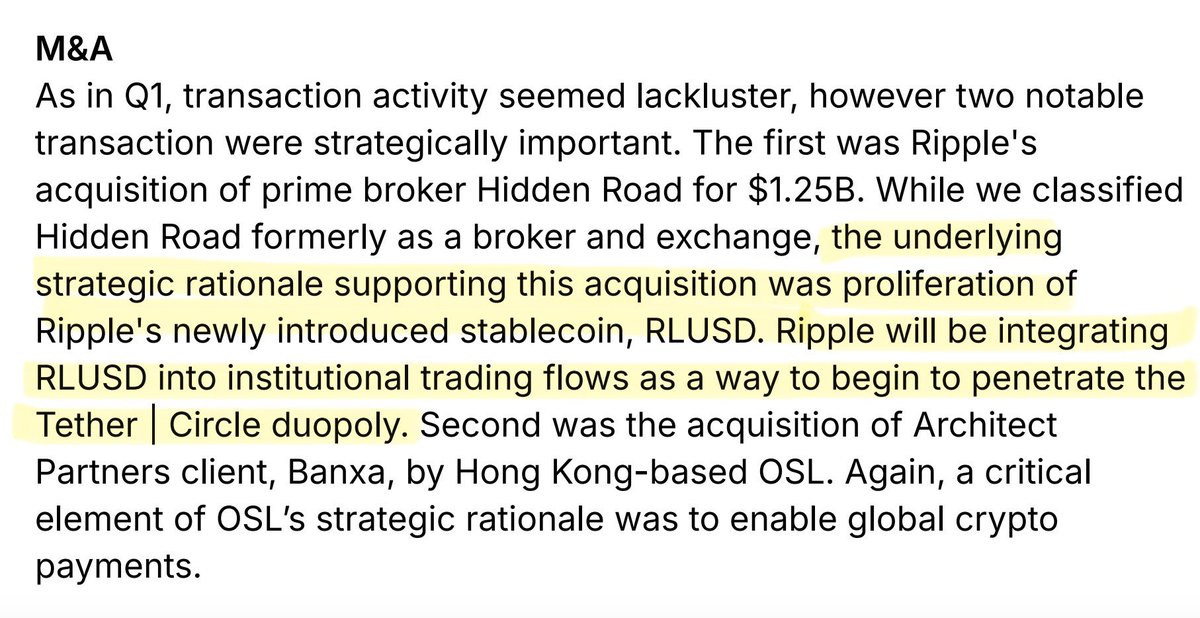 SMQKEDQG's tweet photo. ‼️ RIPPLE WILL PENETRATE THE TETHER/CIRCLE DUOPOLY THROUGH RLUSD INTEGRATION WITH HIDDEN ROAD‼️

“Ripple will be integrating RLUSD into institutional trading flows as a way to begin to penetrate the Tether/Circle duopoly.”🎯

Documented.📝👇 https://t.co/u60VK8gU9B