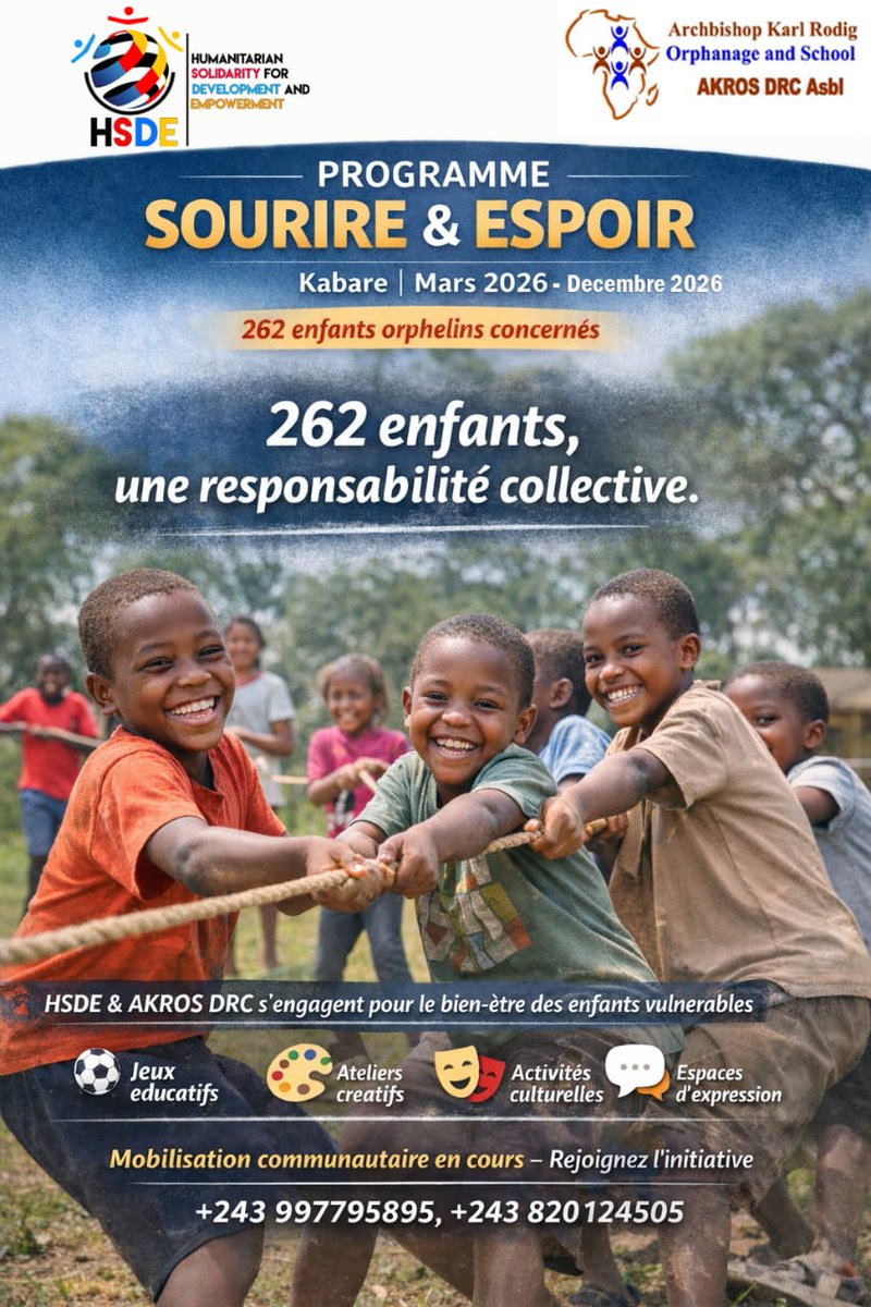 HSDE_NGO's tweet image. 🎯 Soutien de 262 enfants orphelins via jeux et accompagnement psychosocial.

🤝 HSDE &amp;amp; AKROS DRC appellent à la solidarité communautaire.

Contacts : infodrc@hsde.ca | akrosdrcasbl@gmail.com

#Kabare #ProtectionDeLEnfant #SourireEtEspoir