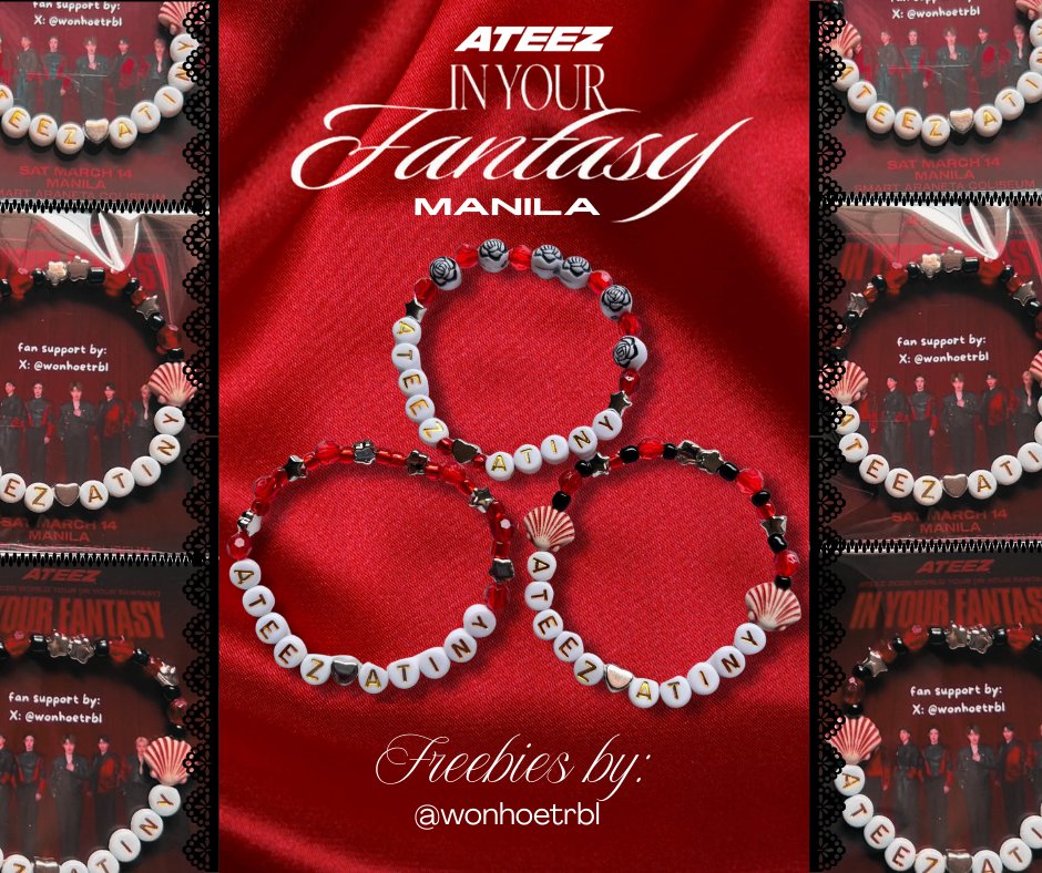 🍒ATEEZ IN YOUR FANTASY IN MANILA 🍒

freebie bracelets by <a href="/wonhoetrbl/">ate yuki 🍒</a>
Pubmat by <a href="/stefanofame/">nizzy .ᐟ seeing atz in mnl</a>

🗓 March 14, 2026
📍 time/loc: TO BE ANNOUNCED
 ☆ must like, rt &amp; follow(optional) 😊
 ☆ 1:1 (limited qty)
 ☆ open for trade ❤️

#InYourFantasy_MNL #ATEEZinManila #ATEEZ