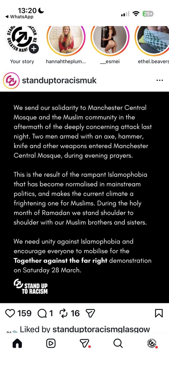We send our solidarity to Manchester Central Mosque and the Muslim community in the aftermath of the deeply concerning attack last night. <a href="/AntiRacismDay/">Stand Up To Racism</a>