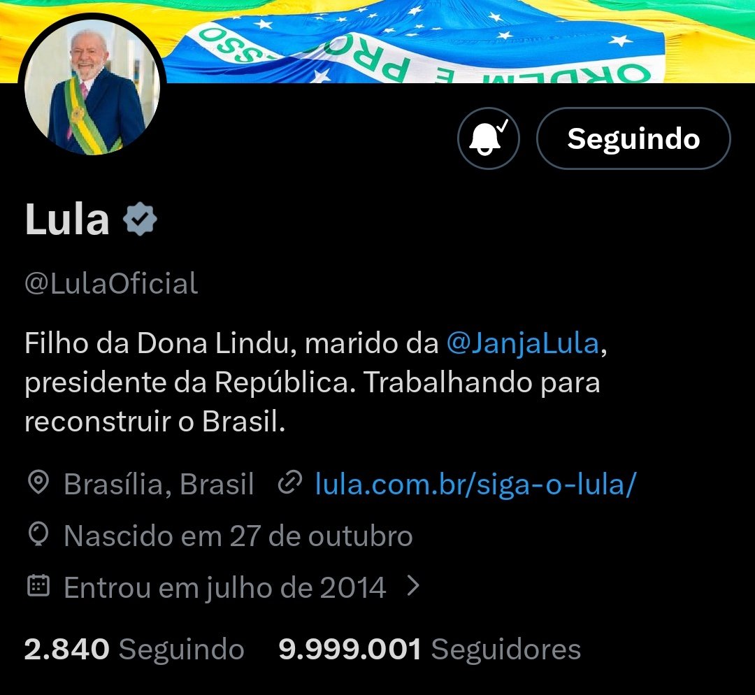 Campanha <a href="/LulaOficial/">Lula</a>
10 MILHÕES NO X
Agora falta só MILZÃO.

Compartilhem que hoje mesmo Lula bate a marca histórica sem usar do ódio como engajamento.