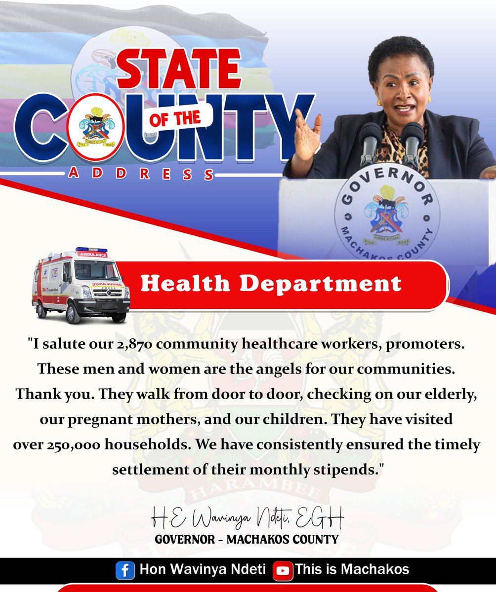 The health sector inherited.H.E Wavinya Ndeti government was on its knees, yet she acted decisively and turned the ship around. With the recruitment of 342 new health workers, promotions for 840 officers, and the conversion of 19 doctors to P and P status.
#MachakosCountyAddress