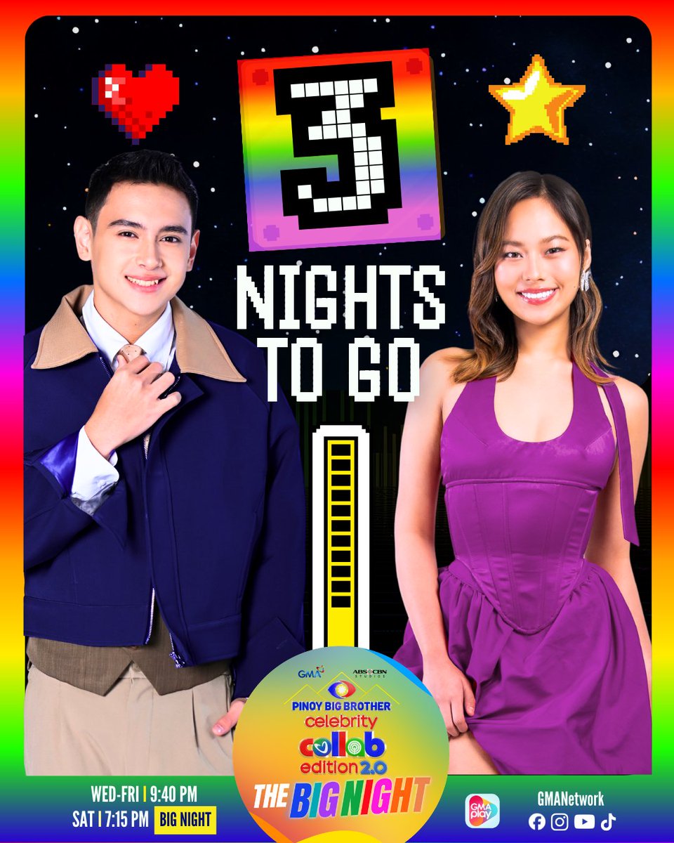 3 NIGHTS TO GO BEFORE THE BIG NIGHT! 💙💜

Watch the finale of #GMAPBBCollab at 9:40 PM on weekdays, and don’t miss the Big Night this Saturday at 7:15 PM on GMA Network!

For PBB All-Access Livestream, visit: GMANetwork.com/PBBLivestream