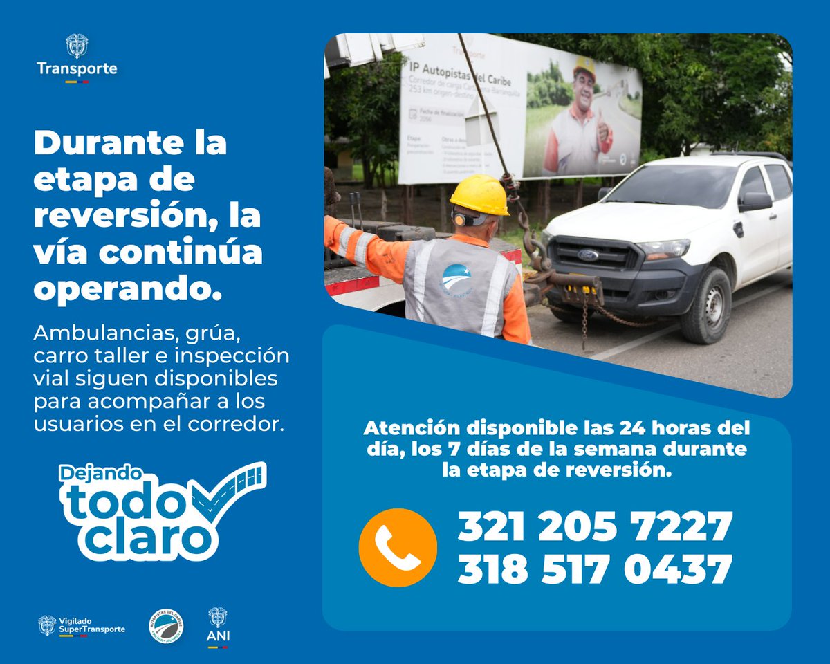 🚧 Durante la etapa de reversión, la operación del corredor continúa y los servicios al usuario siguen activos.🚑Ambulancia,🚛 grúa,🔧 carro-taller,🚓 inspección vial permanecen disponibles para atender emergencias y acompañar a quienes transitan por la vía, las 24 horas del día.