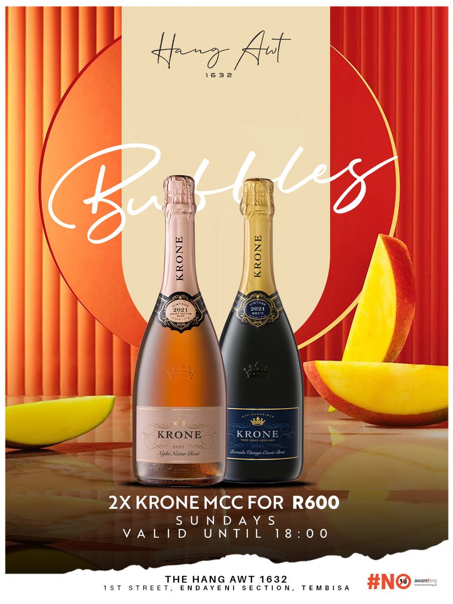 Good music. Good people. Great Sunday!✨

Come HangAwt with us this Sunday and experience the art of a perfect day with our specials!🔥

2X Hennessy VS for R1500
2X Krone MCC for R600

Special valid until 6PM🤝

#thehangawt1632