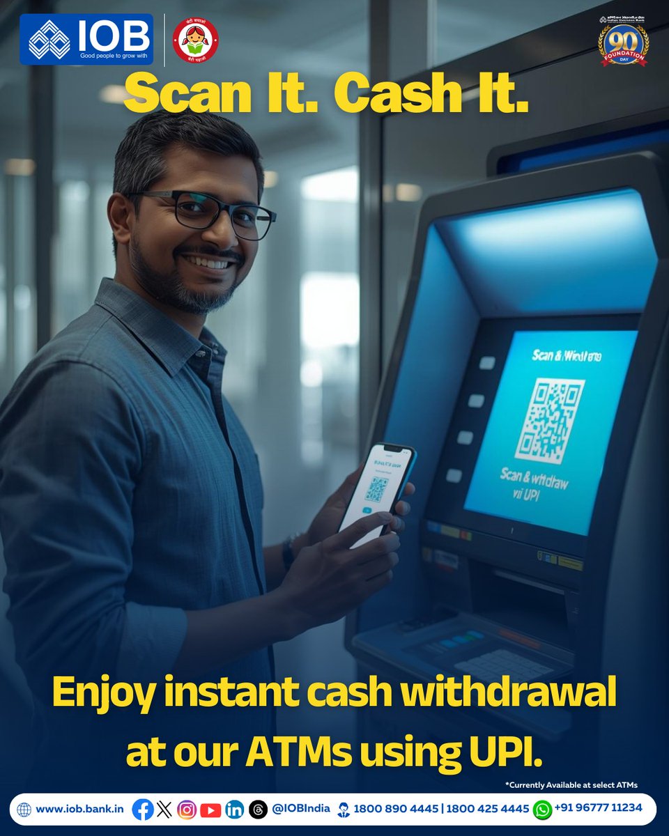 IOBIndia's tweet photo. Cash, the smarter way with IOB.
Scan the QR to withdraw cash instantly at IOB ATMs using UPI.

#IOB #UPIBanking #CardlessCash #DigitalIndia #SmartBanking #IndianOverseasBank #DFS #RBI https://t.co/d2j0cfiav1