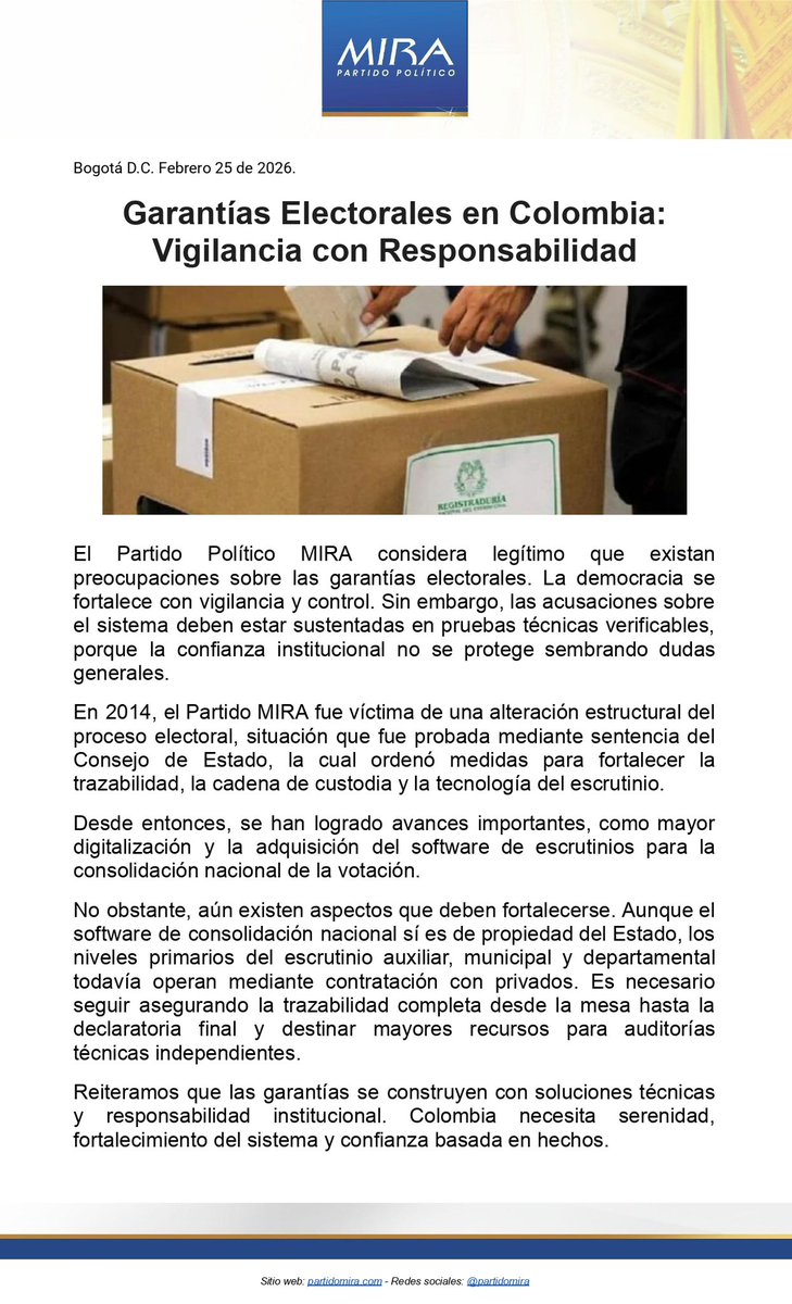 La democracia se fortalece con vigilancia, pero también con responsabilidad. Las garantías electorales deben sustentarse en pruebas técnicas, no en dudas generales. Colombia necesita serenidad, auditoría y confianza basada en hechos. 🇨🇴🗳️ #GarantíasElectorales