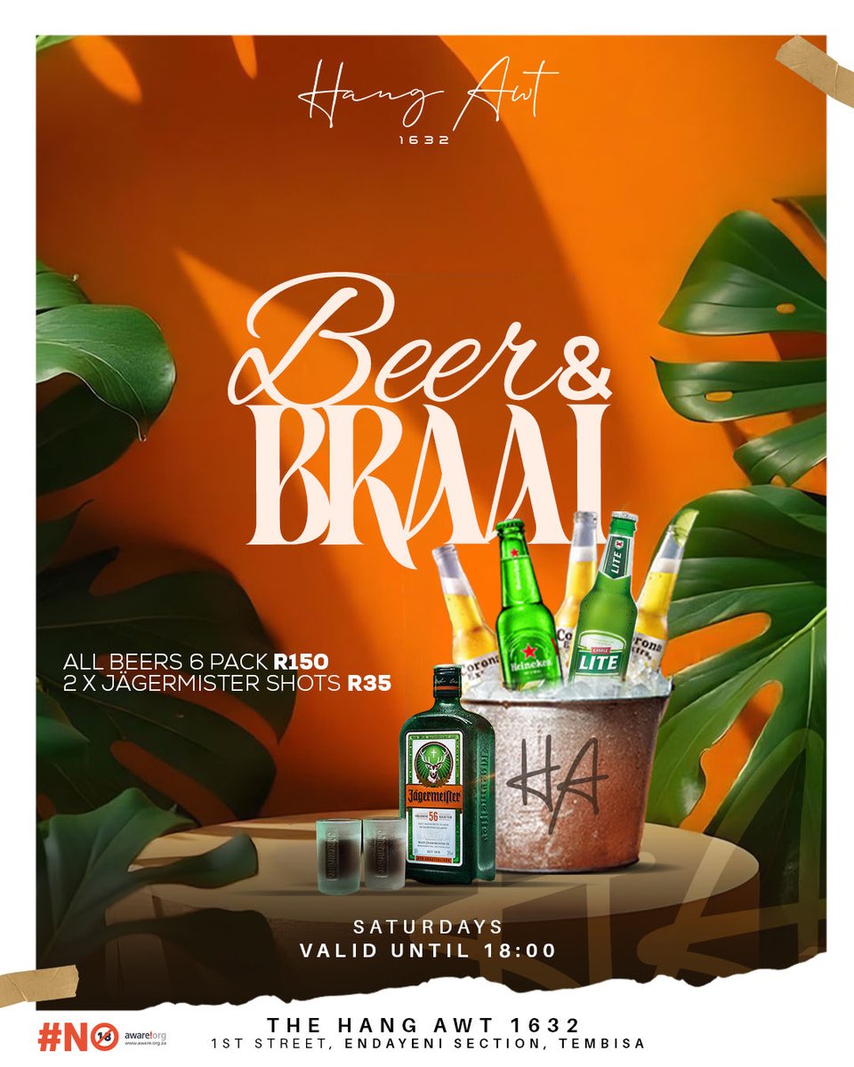 It’s Vikk’s Birthday Celebration + Beer &amp; Braai this Saturday!🎉🍻

All beers 6 pack for R150
2X Jägermister shots for R35

Special valid until 6PM🤝

Let’s HangAwt and raise a toast to <a href="/vikkthegroove/">GROOVY PAPI</a> 🔥

#thehangawt1632