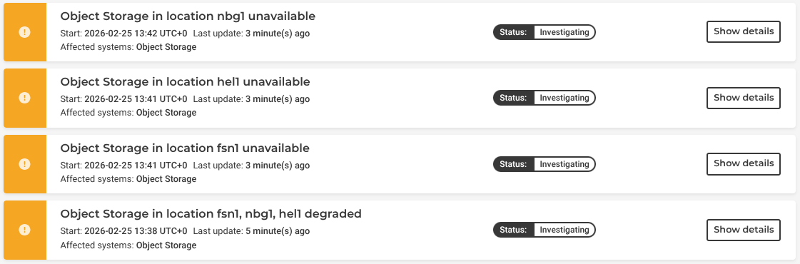 一天前看到 Hetzner 涨价的邮件，今天就看到 Object Storage 全线 Outage 🥲