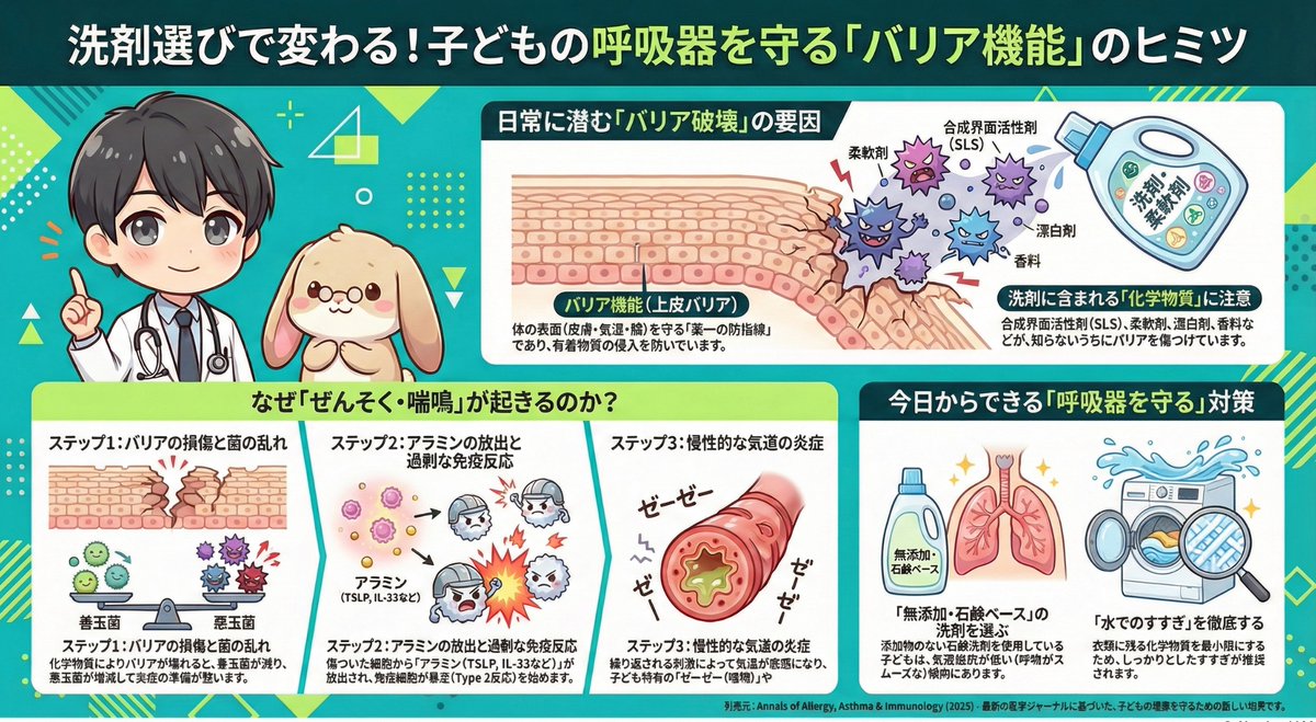 対策として「無添加の石鹸ベースの洗剤」を使用し、水でしっかりすすぐことが子供の呼吸器の健康を守るために推奨されています。日常の製品選びを見直し ...