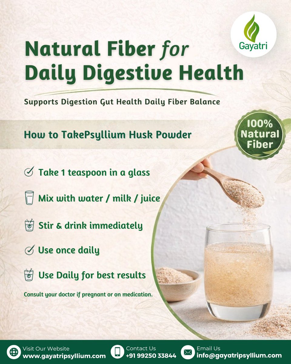 gayatripsyllium's tweet image. #NaturalFiber for #DailyDigestive Health🌿

Just 1 teaspoon of #GayatriPsyllium Husk mixed in water, milk, or juice can help #supportdigestion, #guthealth &amp;amp; #dailyfiber balance

🔗gayatripsyllium.com

#NaturalWellness #PsylliumHusk #HealthyRoutine #DigestiveHealth #SatIsabgol