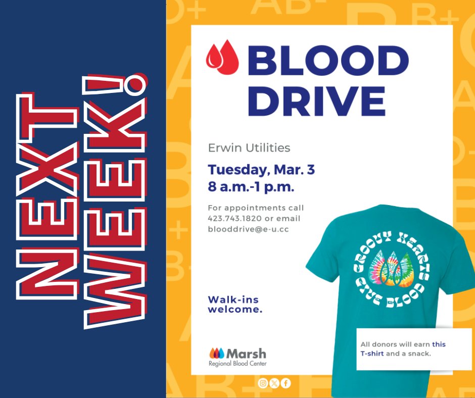 ErwinUtilities's tweet image. Our next blood drive is happening next week! Book an appointment by calling 423-743-1820 or by emailing blooddrive@e-u.cc. Walk-ins are always welcome.
#erwinutilities #marshregionalbloodcenter #blooddrive