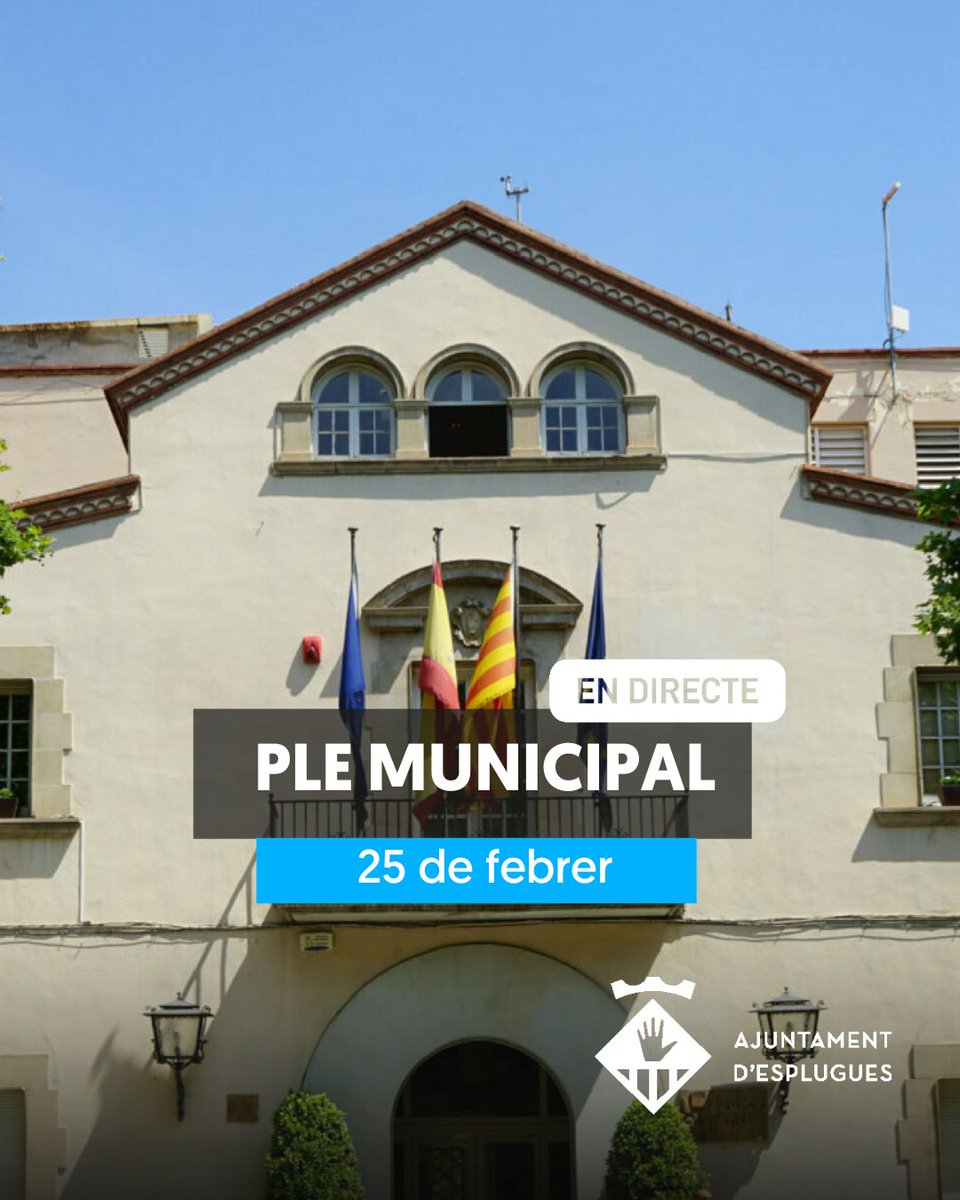 🔴Avui, tenim Ple Municipal a l’Ajuntament d’#Esplugues

🗓️25.02.2026
🕧18 h

📺💻📱Segueix-lo en directe aquí: esplugues.cat/sjeg

📑 Pots consultar-hi també els punts i mocions que tractarem al #PleEsplugues    

T’hi esperem!