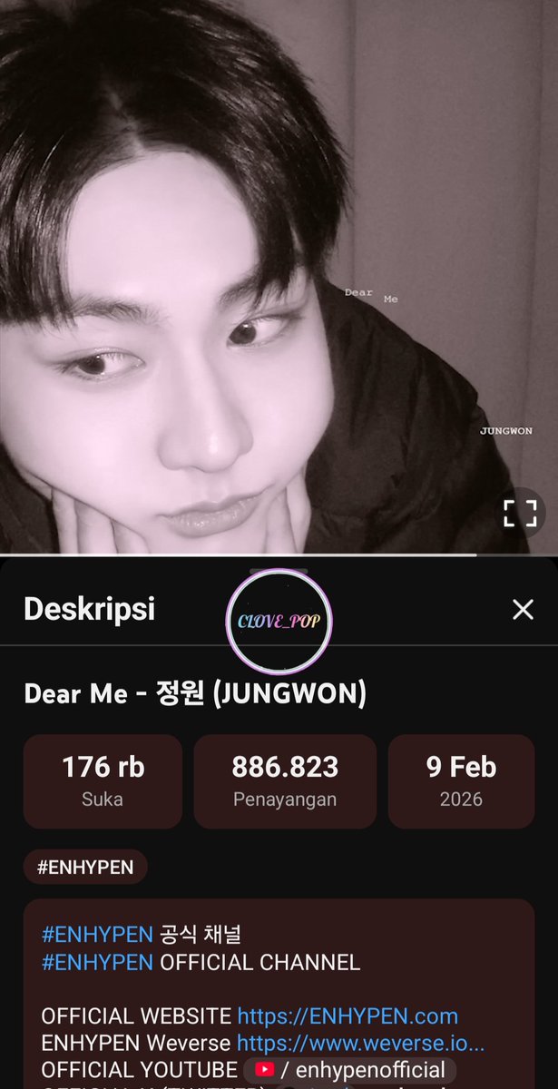 🎧 STREAMING PROOF “Dear Me” – Day 10/10
Ikut challenge 10 hari full 
By : clove_pop <a href="/Clovena69/">~♡ Clove_Pop ♡~</a>
With <a href="/yangjungwon_ina/">ENHYPEN JUNGWON INA 🇮🇩</a>
#DearMe #StreamingParty #JUNGWON 

youtu.be/9uDVag6HP8g?si…