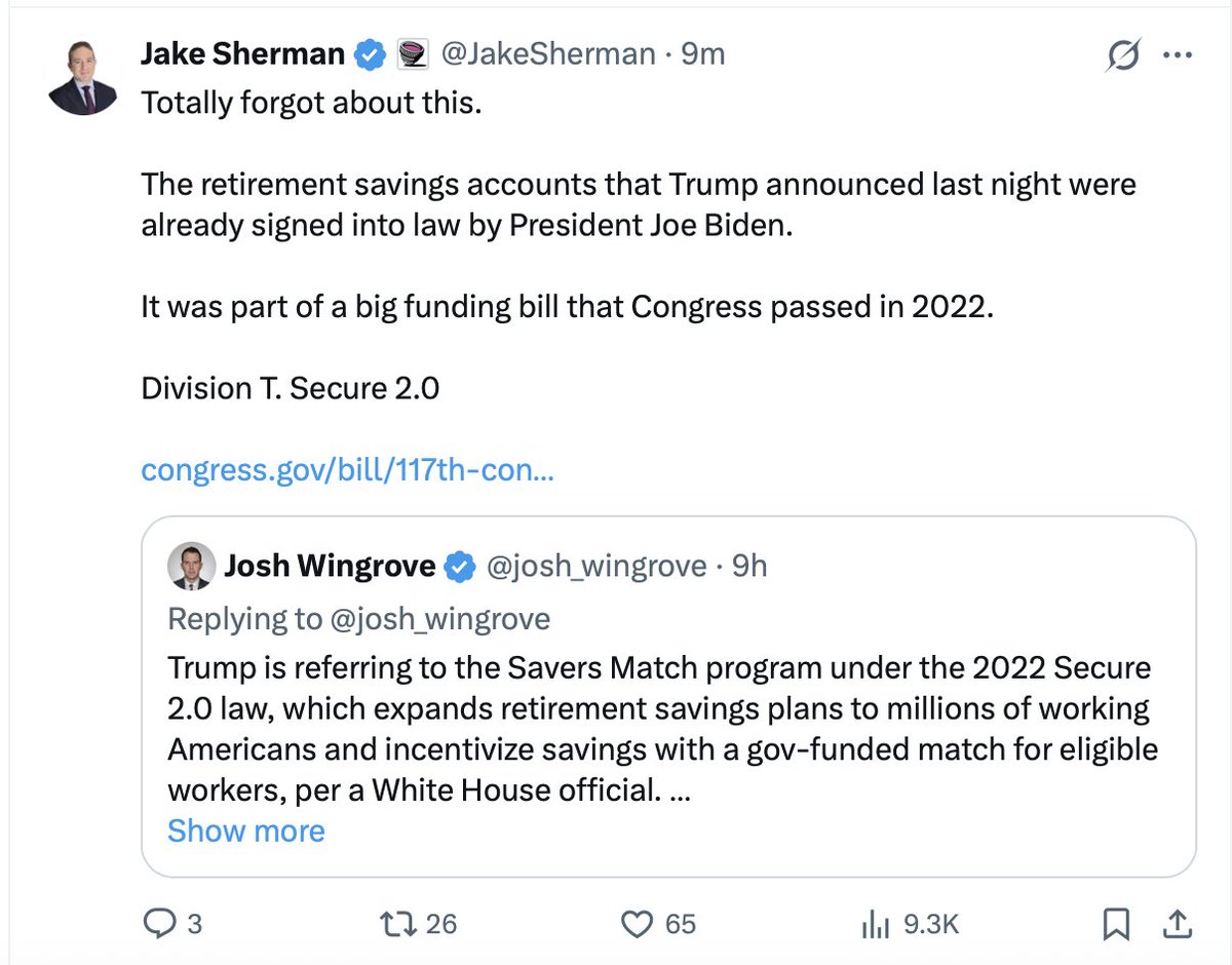 Not a great sign when people who claim they follow Congress closely and SUPER DUPER care about public policy "totally forgot" that an announcement Trump made last night was actually part of a bill Biden signed into law. 🙃