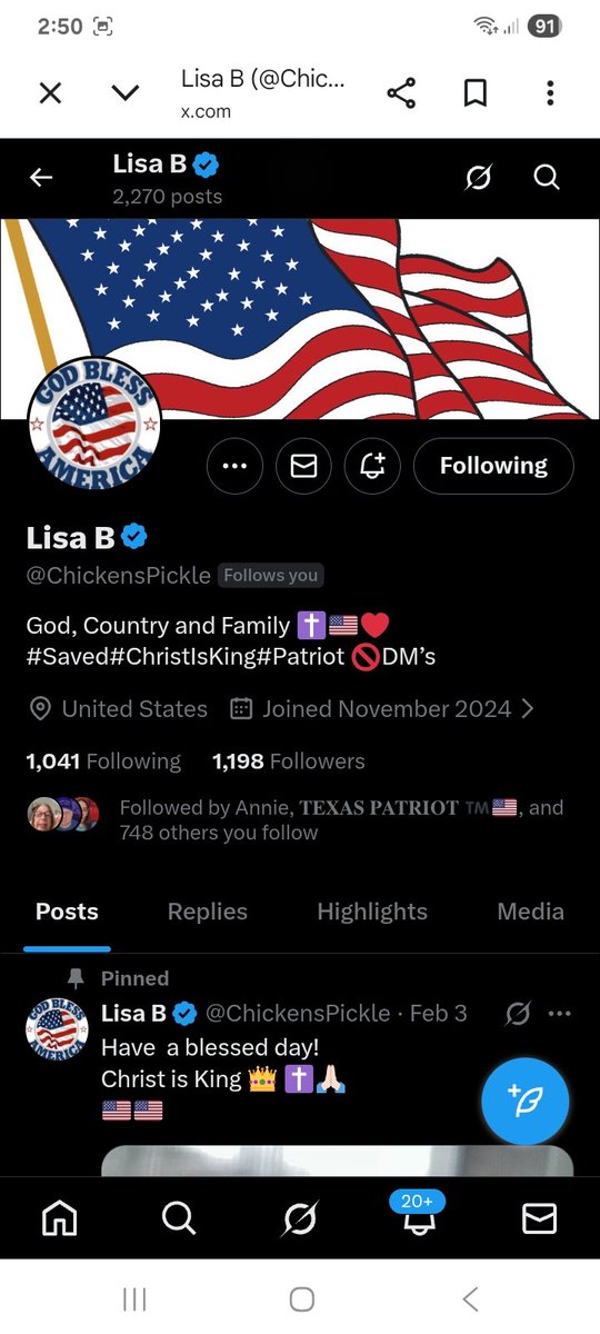 Let's find some new friends for
<a href="/ChickensPickle/">Lisa B</a> 
Patriot, God ,Country, Family 
🇺🇸