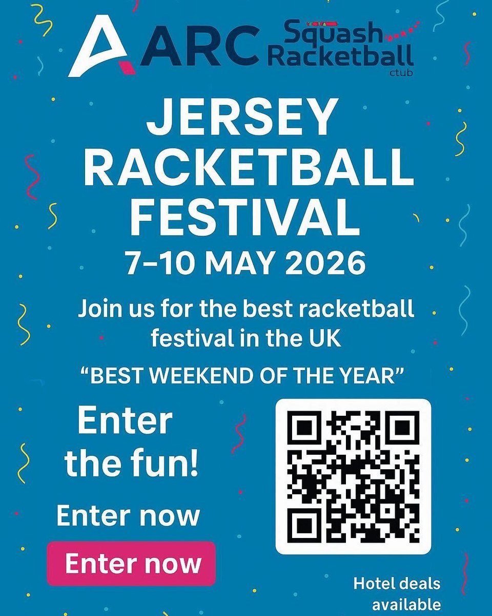 SquashWycombe's tweet photo. Join the Jersey Racketball Celebration May 7-10! 🎉 Open to all, enjoy thrilling racketball, family fun, and explore Jersey with exclusive hotel deals. Perfect for sports fans, experience excitement and savings. #Racketball #JerseyFest #ExploreJersey https://t.co/IZ10ipjOii https://t.co/43eoXVGFCC
