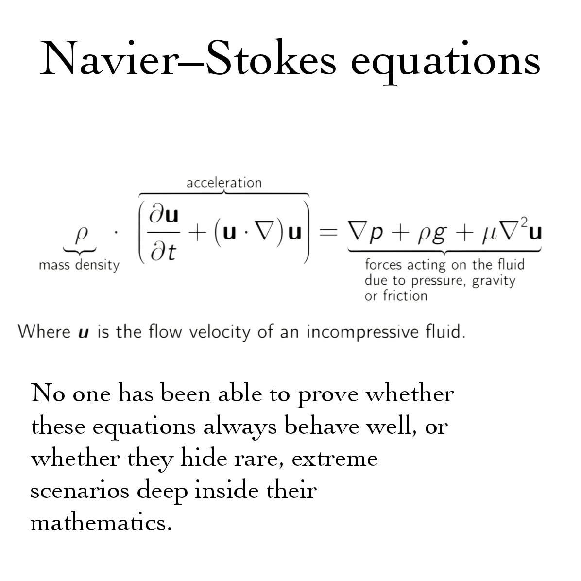 If you want to become a millionaire by solving a math problem, this is one of them.

These equations written in the 19th century by Navier and Stokes describe how fluids like water and air flow. From designing airplanes to predicting weather,