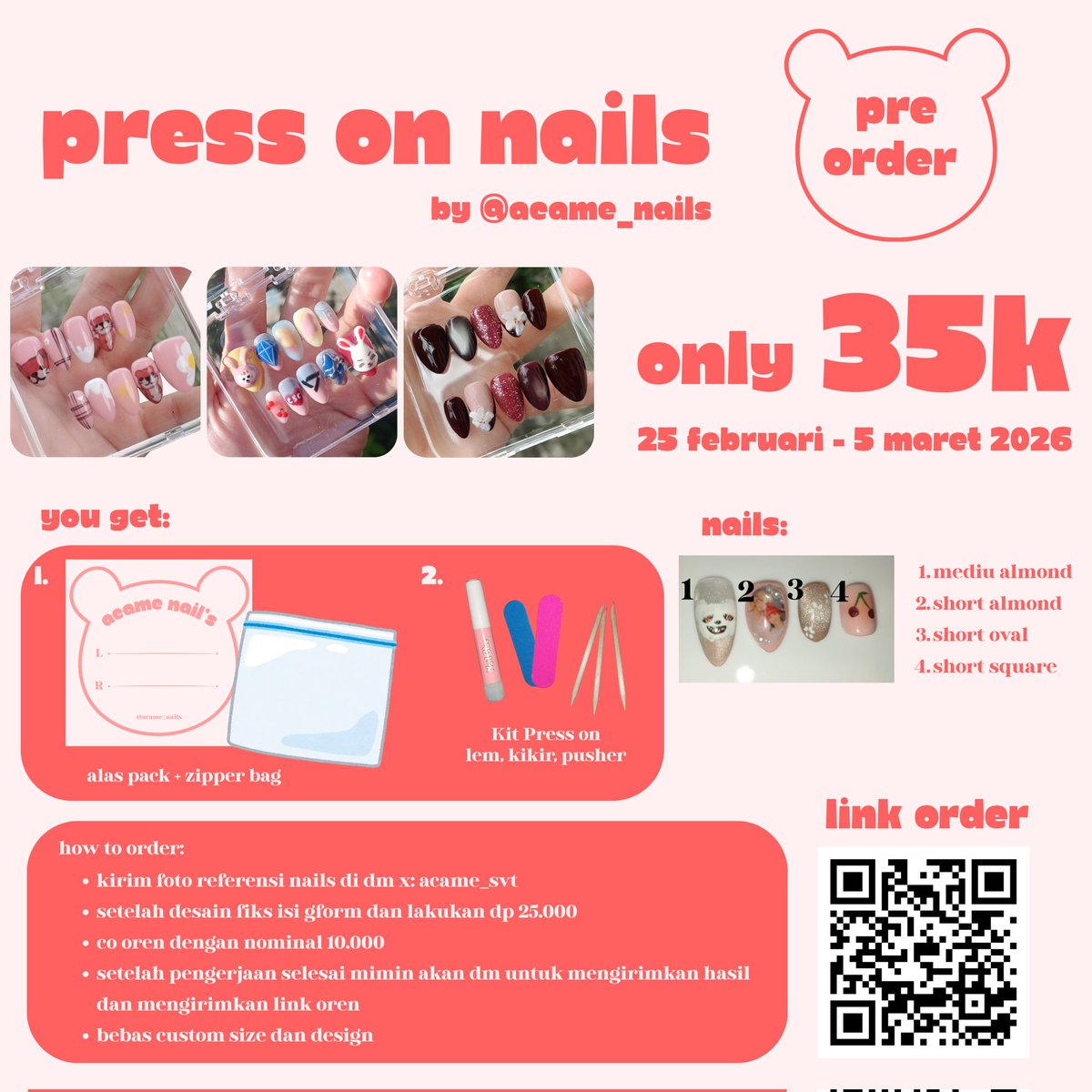 KUKU CANTIK CUMA 35 RIBU! 

<a href="/acame_svt/">desss||open nails & commission</a> lagi adaa promo nih!!! Cuma bayar 35k, kamu udah dapet 1 set kuku palsu premium yang bisa kamu custom sendiri desain dan ukurannya!

🔗 INTIP PORTFOLIO: drive.google.com/drive/folders/…

🛒 ORDER SEKARANG: forms.gle/Pc3skAmpLo7jCZ…

⚠️ PROMO TERBATAS