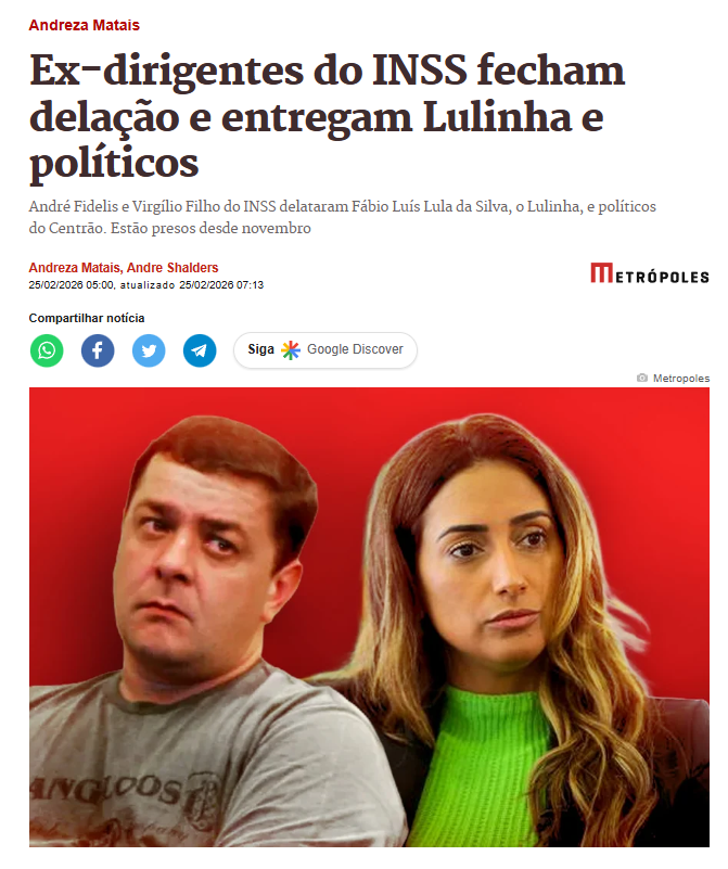Segundo o Metrópoles, ex-dirigentes do INSS envolvidos no esquema de desvios bilionários de aposentados DELATARAM o Lulinha, filho do Descondenado.

Poxa, que surpresa. Como pode, mais uma vez, a família envolvida em escândalos gigantescos de corrupção?