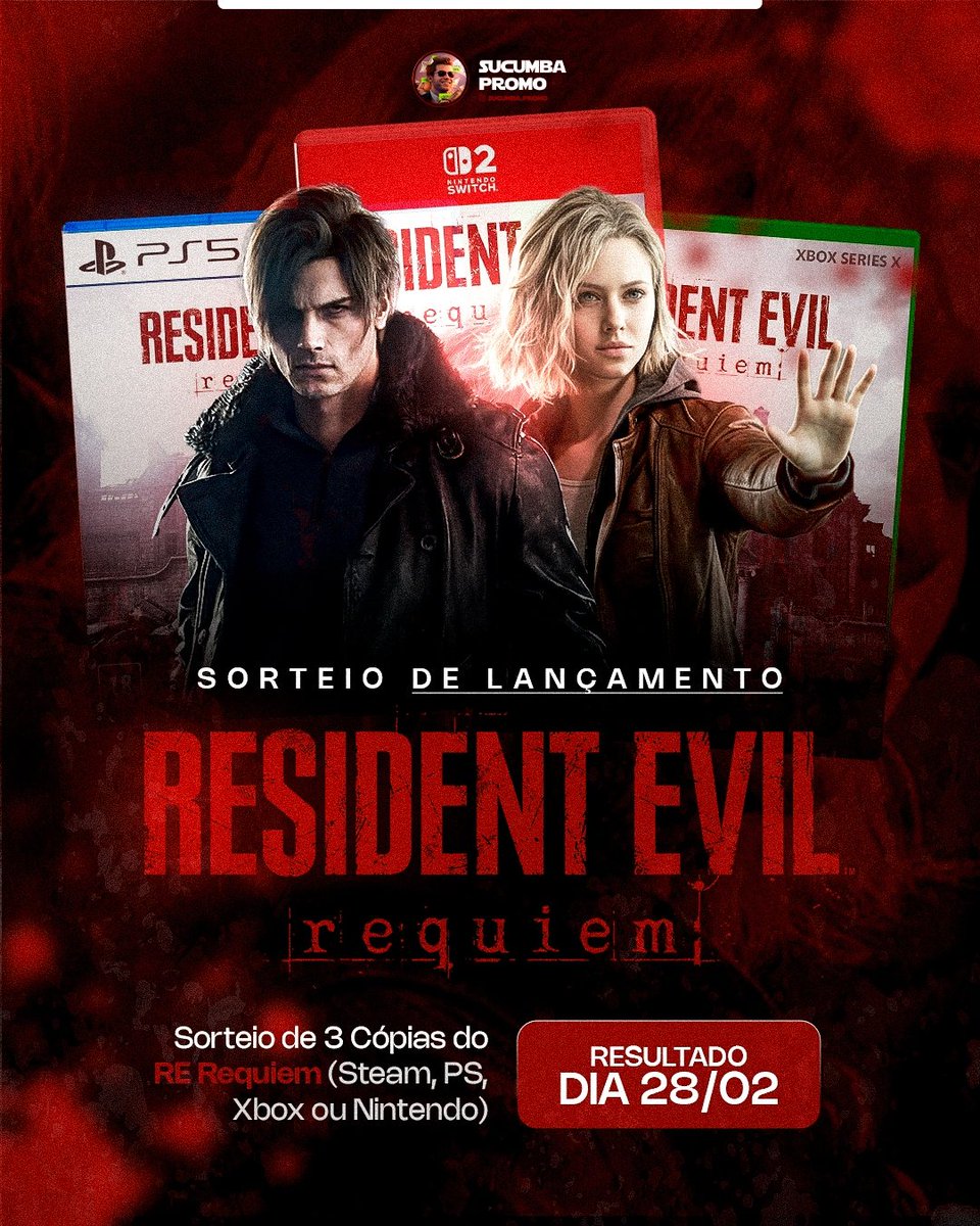 🎉 SORTEIO DO RESIDENT EVIL REQUIEM 🎮✨

Dia 28, às 21h, vamos sortear 3 seguidores para cada um ganhar 1 Cópia do Jogo

Para participar

• Seguir <a href="/SucumbaGames/">Sucumba Games</a>
• ❤️ Curtir + RT 🔄
• Seguir nosso Canal de Promoções no Whatsapp e mandar um Print, Link no 1° comentário e na Bio
