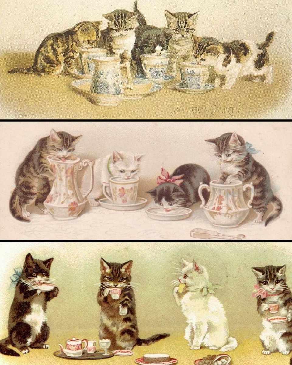 TitaniasRealm's tweet photo. Cats drinking tea on Victorian postcards https://t.co/o0oDBHP2GZ