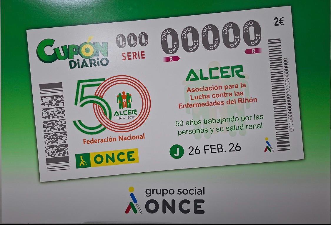 La Fundación ONCE dedica su cupón mañana 26 de febrero a nuestro 50 aniversario de la Federación nacional ALCER!!!! Reconociendo así nuestra labor en apoyo a las personas con enfermedad renal. “50 años trabajando por las personas y su salud renal”. Sin duda yo voy a por el mío.