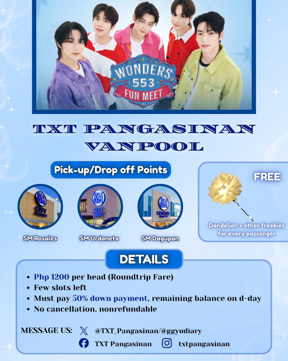 TXT_Pangasinan's tweet photo. 🎠 WONDERS AT 5:53 TXT FUNMEET
Carpool / Vanpool (Round Trip)
March 8, 2026   ||   PANGASINAN

📍SM Dagupan
📍SM Urdaneta
📍SM Rosales

📩 DM us for inquiries

🔖 lf tomorrow x together moa dunkin fm shuttle service https://t.co/EnY2A8WIGc